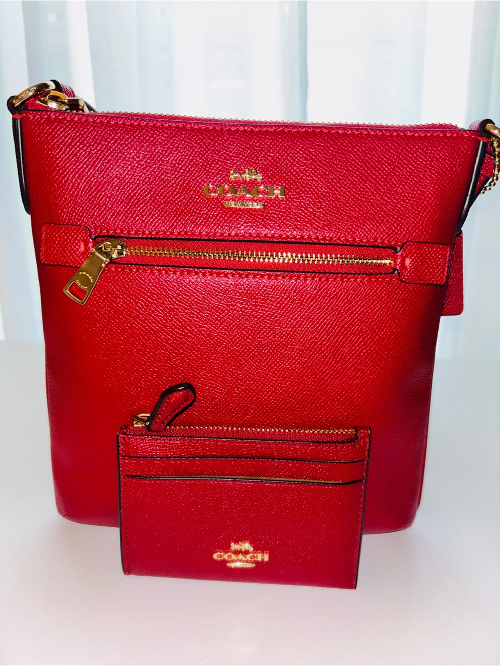 Coach Red Saffiano Crossbody with Matching Card Case